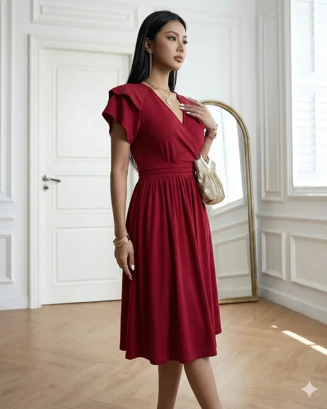 Vestido Midi Decote V Jade Vermelho em pose de três quartos, evidenciando o transpasse do decote