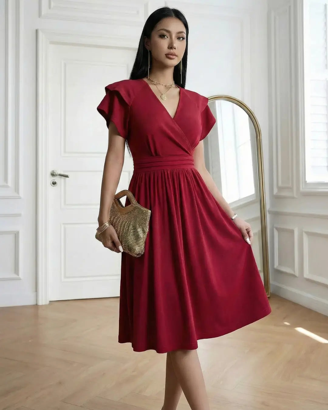 Vestido Midi Decote V Jade Vermelho de frente segurando bolsa de palha, com a saia rodada em movimento