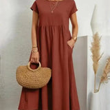 Vestido Longo Feminino Terracota em Algodão e Linho Estilo Boho com Bolsos