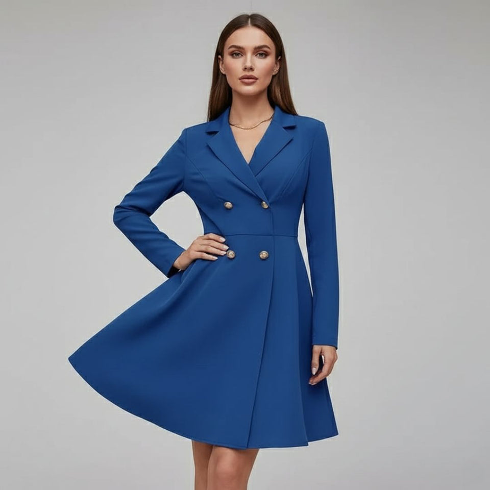 Vestido Tipo Blazer Manga Longa Mariana Azul visto de frente, com gola de alfaiataria, botões dourados e saia rodada