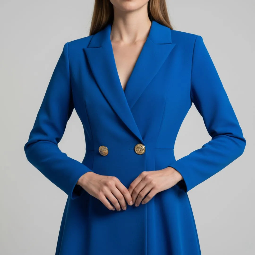 Vestido Tipo Blazer Manga Longa Mariana Azul em close do busto, destacando o transpasse e os botões dourados