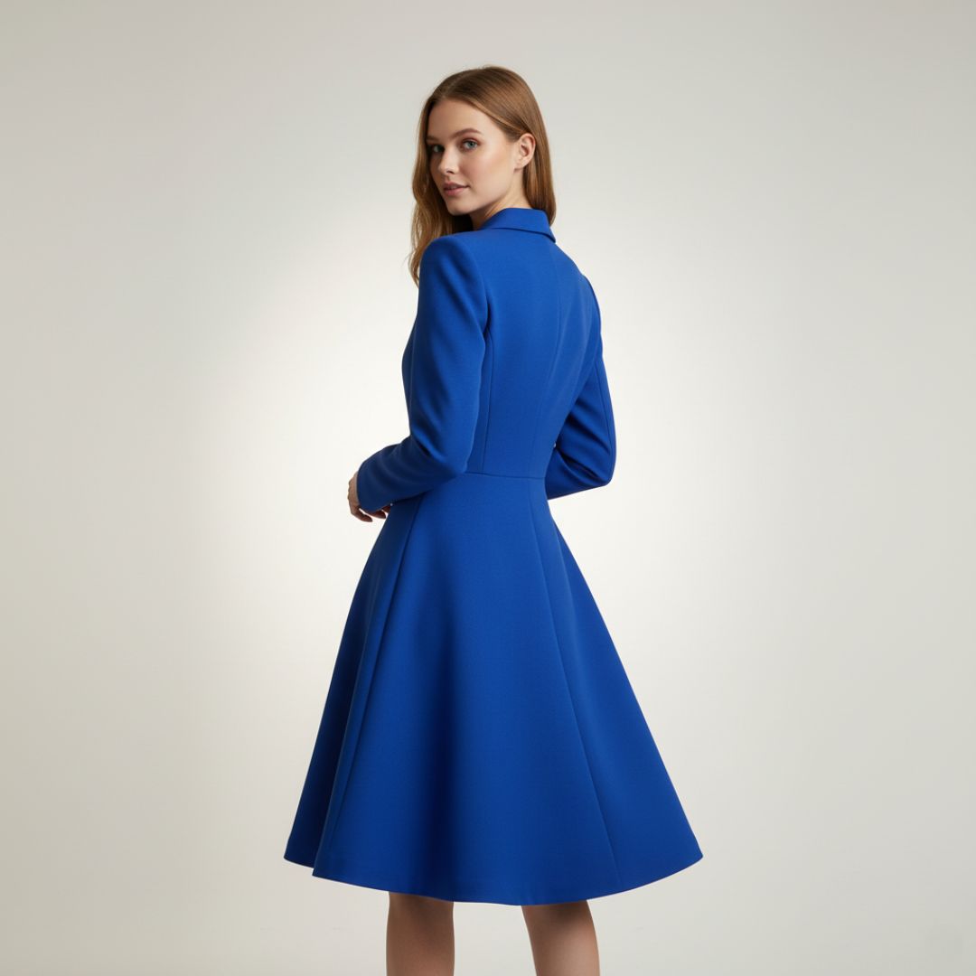 Vestido Tipo Blazer Manga Longa Mariana Azul visto de costas em plano aberto, com a saia em movimento