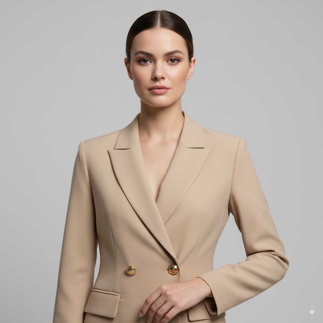 Vestido Tipo Blazer Manga Longa Mariana Bege em close do busto, com gola de alfaiataria e botões dourados