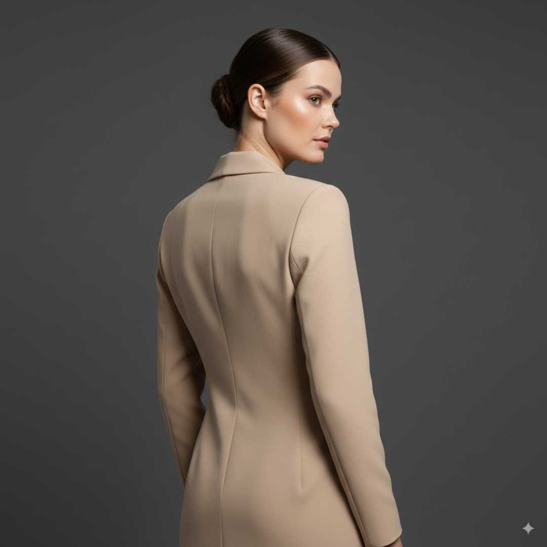 Vestido Tipo Blazer Manga Longa Mariana Bege visto de costas, mostrando o recorte da cintura e o caimento