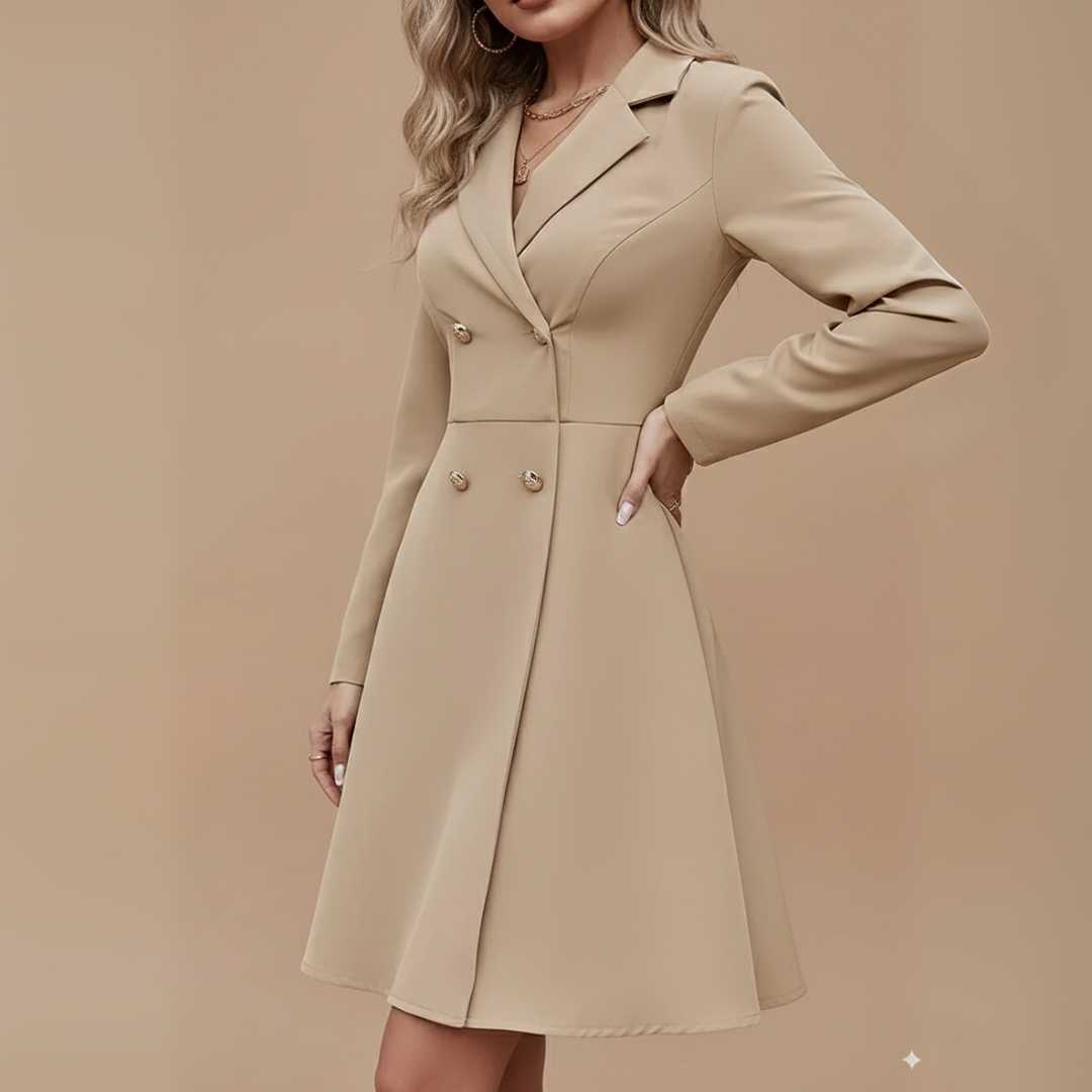Vestido Tipo Blazer Manga Longa Mariana Bege em pose de três quartos, com a mão no bolso e saia evasê