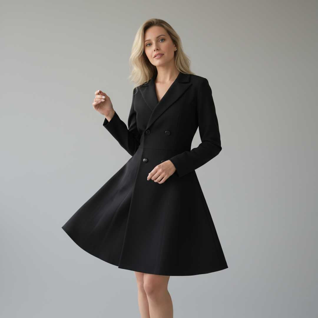 Vestido Tipo Blazer Manga Longa Mariana Preto visto de frente em corpo inteiro, com a saia rodada em movimento