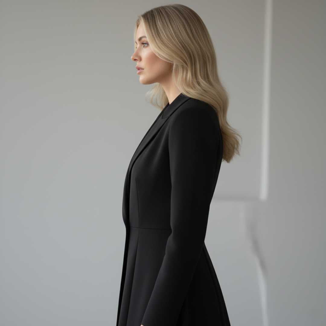 Vestido Tipo Blazer Manga Longa Mariana Preto visto de perfil, evidenciando o caimento justo no busto