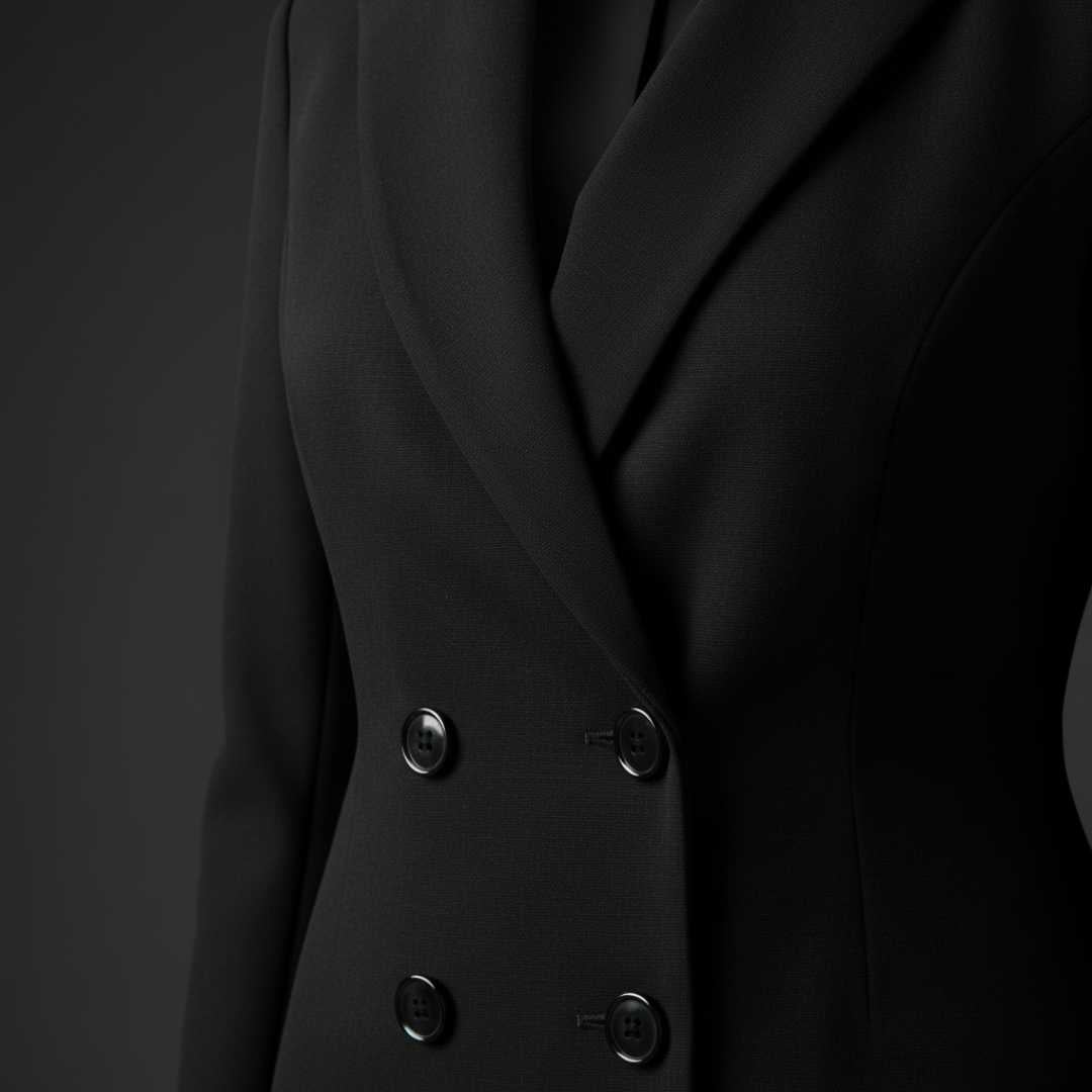 Vestido Tipo Blazer Manga Longa Mariana Preto em macro do transpasse, destacando a fileira dupla de botões