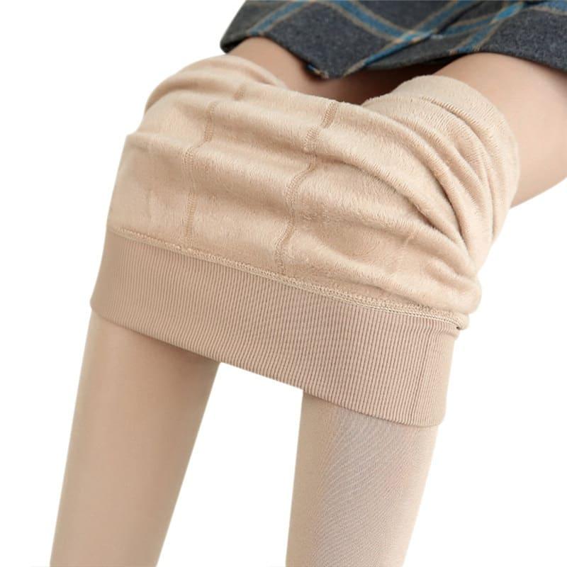 Meia Calça Legging Térmica Forrada de Lã Nude, com a peça virada revelando o forro