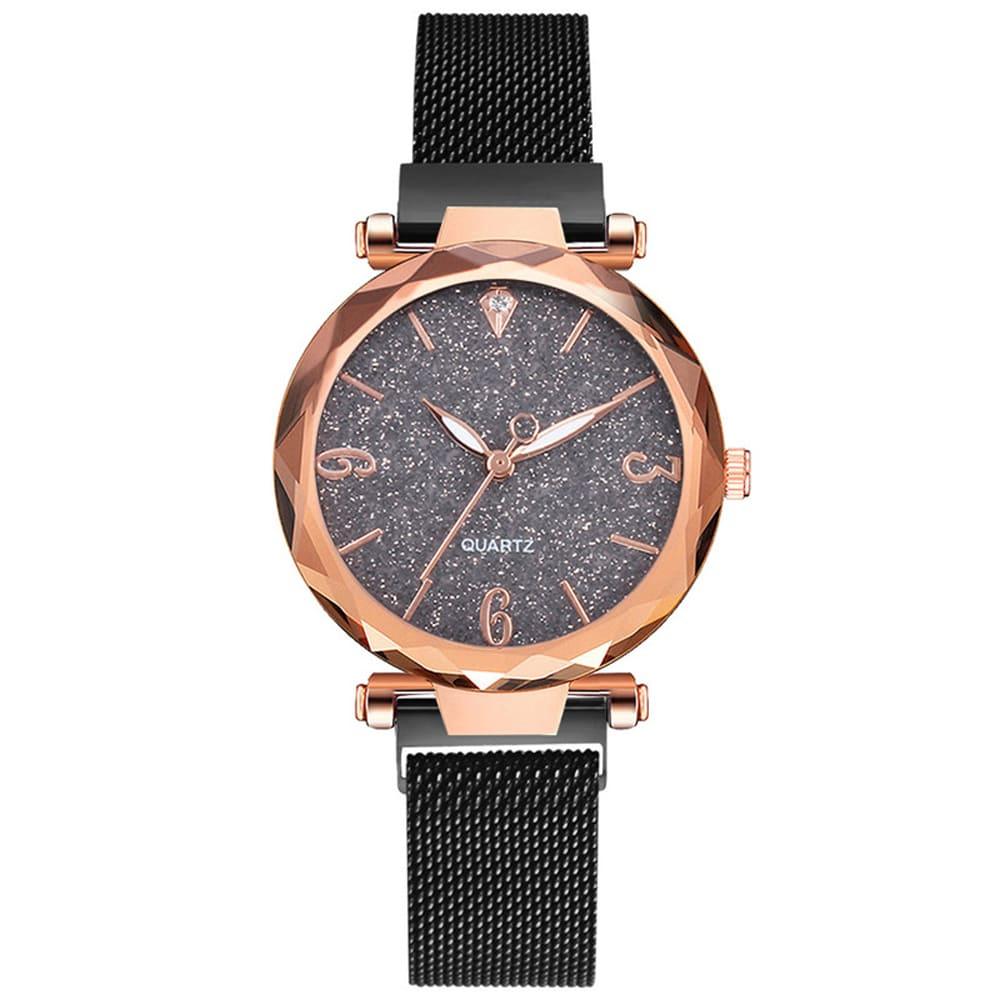 Relógio Feminino Céu Estrelado Fancy Sky preto de frente sobre fundo branco, com pulseira de malha e aro rosé
